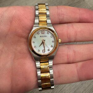 Bulova Diamond Women's Two Tone Rose Gold Mother of Pearl 26mm Watch